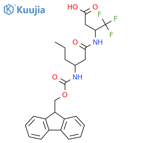 3-3-({(9H-fluoren-9-yl)methoxycarbonyl}amino)hexanamido-4,4,4-trifluorobutanoic acid structure