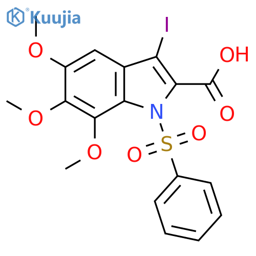 1-(benzenesulfonyl)-3-iodo-5,6,7-trimethoxy-1H-indole-2-carboxylic acid structure