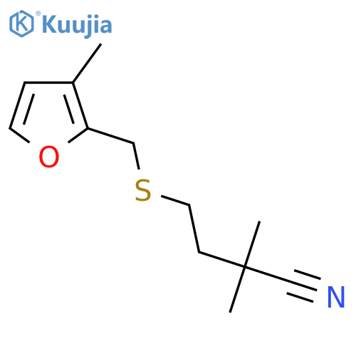 2,2-dimethyl-4-{(3-methylfuran-2-yl)methylsulfanyl}butanenitrile structure
