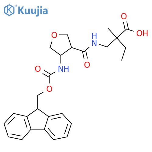 2-({4-({(9H-fluoren-9-yl)methoxycarbonyl}amino)oxolan-3-ylformamido}methyl)-2-methylbutanoic acid structure