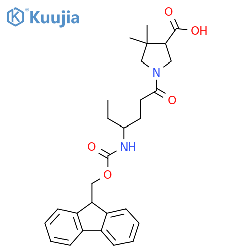 1-4-({(9H-fluoren-9-yl)methoxycarbonyl}amino)hexanoyl-4,4-dimethylpyrrolidine-3-carboxylic acid structure