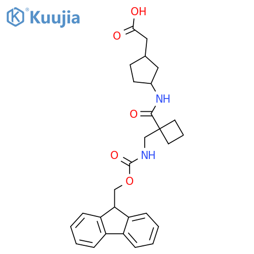 2-(3-{1-({(9H-fluoren-9-yl)methoxycarbonyl}amino)methylcyclobutaneamido}cyclopentyl)acetic acid structure