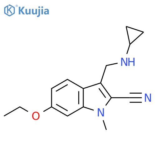 3-(cyclopropylamino)methyl-6-ethoxy-1-methyl-1H-indole-2-carbonitrile structure