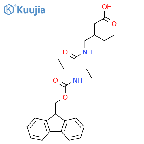 3-{2-ethyl-2-({(9H-fluoren-9-yl)methoxycarbonyl}amino)butanamidomethyl}pentanoic acid structure