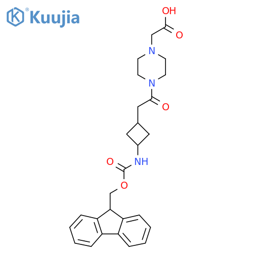 2-(4-{2-3-({(9H-fluoren-9-yl)methoxycarbonyl}amino)cyclobutylacetyl}piperazin-1-yl)acetic acid structure