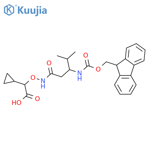 2-cyclopropyl-2-{3-({(9H-fluoren-9-yl)methoxycarbonyl}amino)-4-methylpentanamidooxy}acetic acid structure