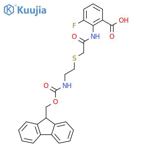 2-(2-{2-({(9H-fluoren-9-yl)methoxycarbonyl}amino)ethylsulfanyl}acetamido)-3-fluorobenzoic acid structure