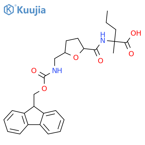 2-({5-({(9H-fluoren-9-yl)methoxycarbonyl}amino)methyloxolan-2-yl}formamido)-2-methylpentanoic acid structure