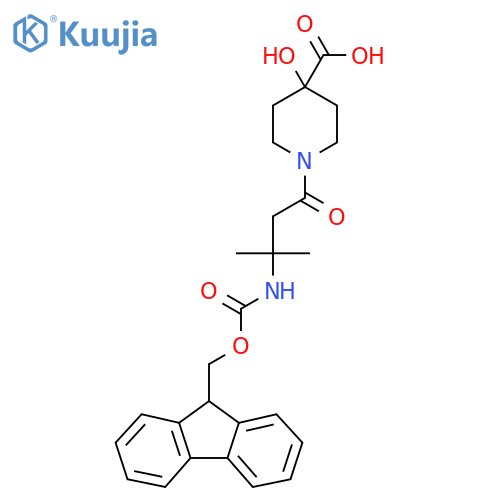 1-3-({(9H-fluoren-9-yl)methoxycarbonyl}amino)-3-methylbutanoyl-4-hydroxypiperidine-4-carboxylic acid structure