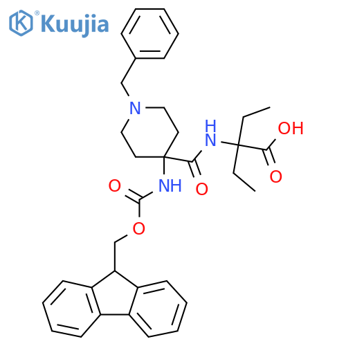 2-{1-benzyl-4-({(9H-fluoren-9-yl)methoxycarbonyl}amino)piperidin-4-ylformamido}-2-ethylbutanoic acid structure