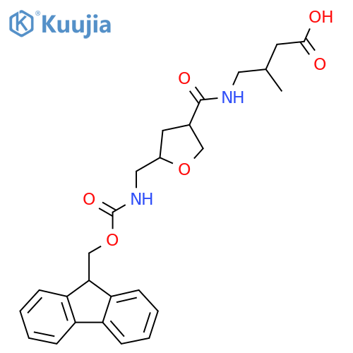 4-({5-({(9H-fluoren-9-yl)methoxycarbonyl}amino)methyloxolan-3-yl}formamido)-3-methylbutanoic acid structure