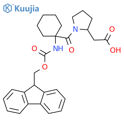 2-{1-[1-({[(9H-fluoren-9-yl)methoxy]carbonyl}amino)cyclohexanecarbonyl]pyrrolidin-2-yl}acetic acid structure
