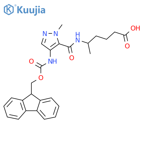 5-{4-({(9H-fluoren-9-yl)methoxycarbonyl}amino)-1-methyl-1H-pyrazol-5-ylformamido}hexanoic acid structure