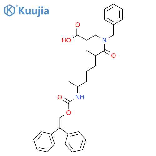 3-N-benzyl-6-({(9H-fluoren-9-yl)methoxycarbonyl}amino)-2-methylheptanamidopropanoic acid structure