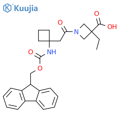3-ethyl-1-{2-1-({(9H-fluoren-9-yl)methoxycarbonyl}amino)cyclobutylacetyl}azetidine-3-carboxylic acid structure
