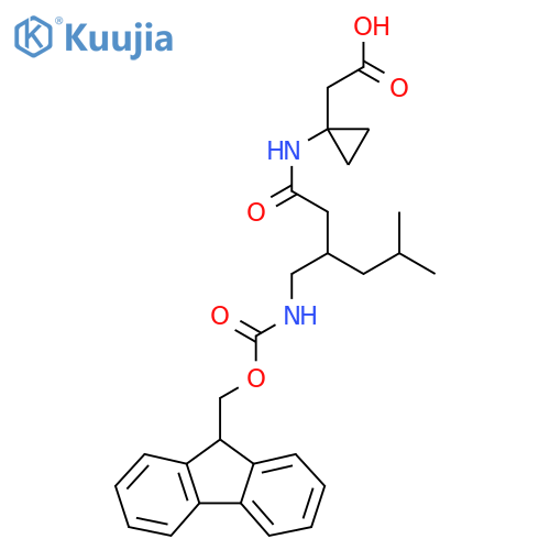 2-(1-{3-({(9H-fluoren-9-yl)methoxycarbonyl}amino)methyl-5-methylhexanamido}cyclopropyl)acetic acid structure