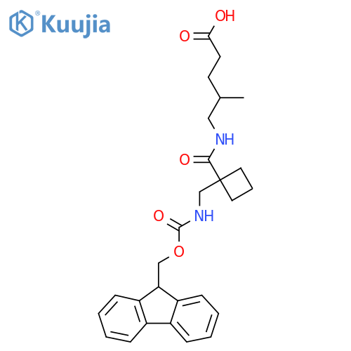 5-({1-({(9H-fluoren-9-yl)methoxycarbonyl}amino)methylcyclobutyl}formamido)-4-methylpentanoic acid structure