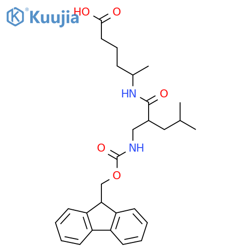 5-{2-({(9H-fluoren-9-yl)methoxycarbonyl}amino)methyl-4-methylpentanamido}hexanoic acid structure