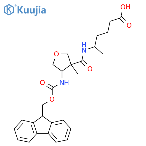 5-{4-({(9H-fluoren-9-yl)methoxycarbonyl}amino)-3-methyloxolan-3-ylformamido}hexanoic acid structure