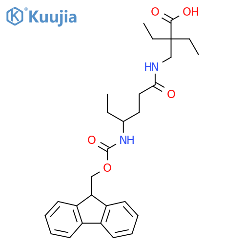 2-ethyl-2-{4-({(9H-fluoren-9-yl)methoxycarbonyl}amino)hexanamidomethyl}butanoic acid structure
