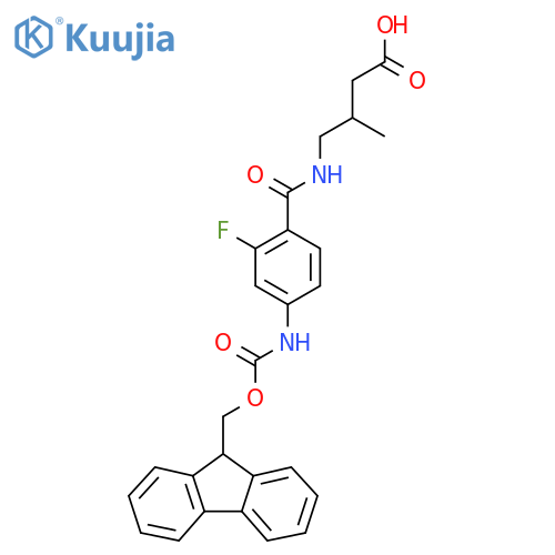 4-{4-({(9H-fluoren-9-yl)methoxycarbonyl}amino)-2-fluorophenylformamido}-3-methylbutanoic acid structure
