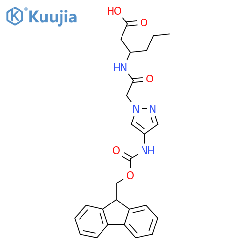 3-{2-4-({(9H-fluoren-9-yl)methoxycarbonyl}amino)-1H-pyrazol-1-ylacetamido}hexanoic acid structure