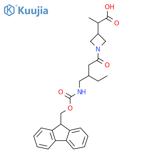 2-(1-{3-({(9H-fluoren-9-yl)methoxycarbonyl}amino)methylpentanoyl}azetidin-3-yl)propanoic acid structure