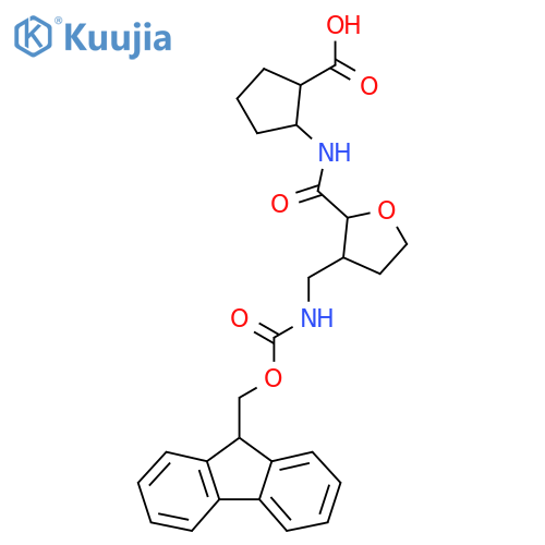 2-{3-({(9H-fluoren-9-yl)methoxycarbonyl}amino)methyloxolane-2-amido}cyclopentane-1-carboxylic acid structure
