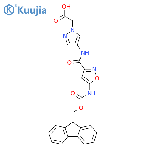 2-{4-5-({(9H-fluoren-9-yl)methoxycarbonyl}amino)-1,2-oxazole-3-amido-1H-pyrazol-1-yl}acetic acid structure