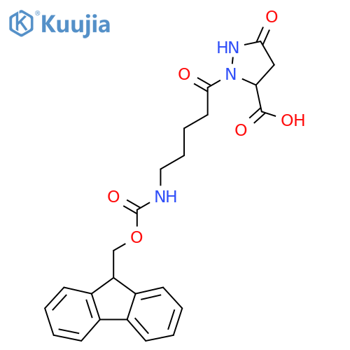 2-5-({(9H-fluoren-9-yl)methoxycarbonyl}amino)pentanoyl-5-oxopyrazolidine-3-carboxylic acid structure
