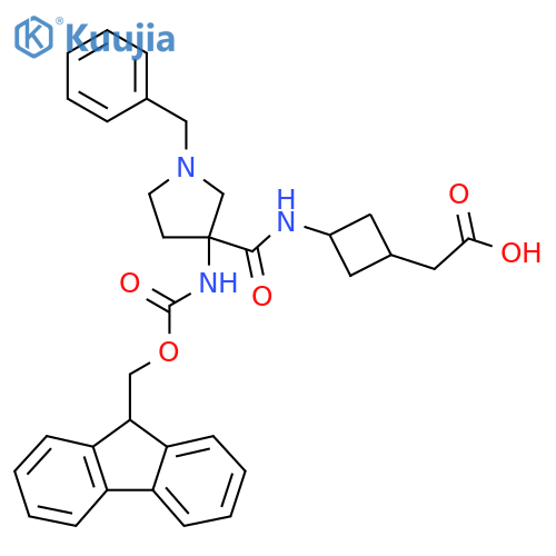 2-{3-1-benzyl-3-({(9H-fluoren-9-yl)methoxycarbonyl}amino)pyrrolidine-3-amidocyclobutyl}acetic acid structure