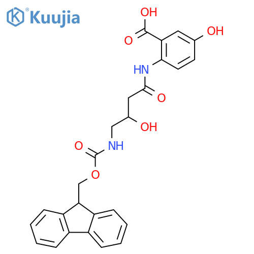 2-[4-({[(9H-fluoren-9-yl)methoxy]carbonyl}amino)-3-hydroxybutanamido]-5-hydroxybenzoic acid structure