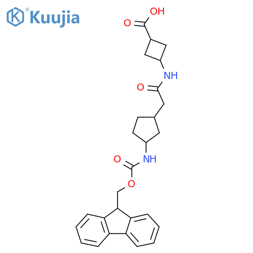3-{2-3-({(9H-fluoren-9-yl)methoxycarbonyl}amino)cyclopentylacetamido}cyclobutane-1-carboxylic acid structure