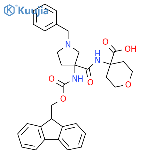 4-1-benzyl-3-({(9H-fluoren-9-yl)methoxycarbonyl}amino)pyrrolidine-3-amidooxane-4-carboxylic acid structure