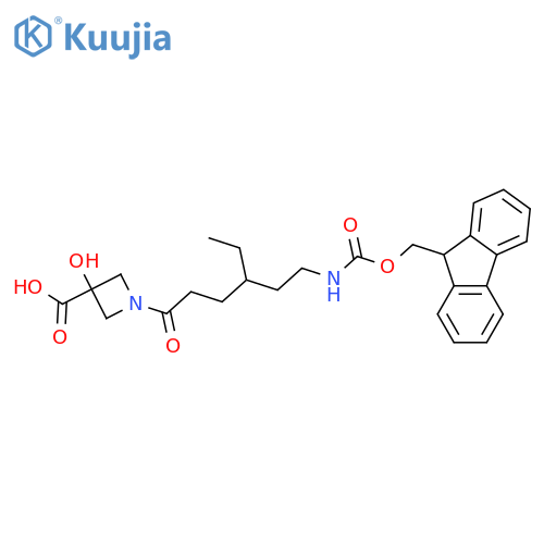 1-4-ethyl-6-({(9H-fluoren-9-yl)methoxycarbonyl}amino)hexanoyl-3-hydroxyazetidine-3-carboxylic acid structure