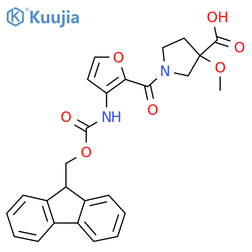 1-3-({(9H-fluoren-9-yl)methoxycarbonyl}amino)furan-2-carbonyl-3-methoxypyrrolidine-3-carboxylic acid structure