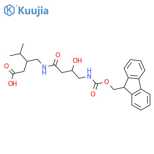 3-{4-({(9H-fluoren-9-yl)methoxycarbonyl}amino)-3-hydroxybutanamidomethyl}-4-methylpentanoic acid structure