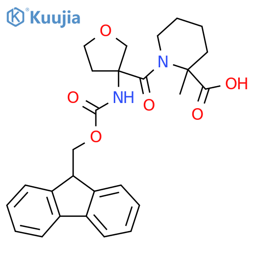 1-3-({(9H-fluoren-9-yl)methoxycarbonyl}amino)oxolane-3-carbonyl-2-methylpiperidine-2-carboxylic acid structure