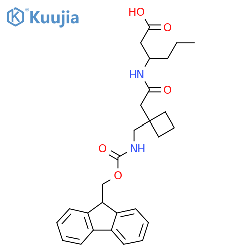 3-(2-{1-({(9H-fluoren-9-yl)methoxycarbonyl}amino)methylcyclobutyl}acetamido)hexanoic acid structure