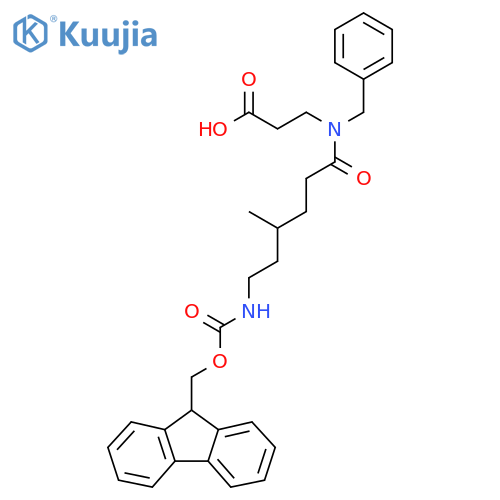 3-N-benzyl-6-({(9H-fluoren-9-yl)methoxycarbonyl}amino)-4-methylhexanamidopropanoic acid structure
