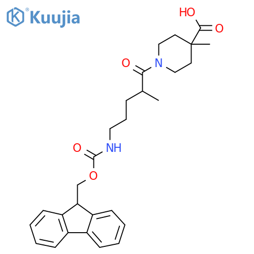 1-5-({(9H-fluoren-9-yl)methoxycarbonyl}amino)-2-methylpentanoyl-4-methylpiperidine-4-carboxylic acid structure