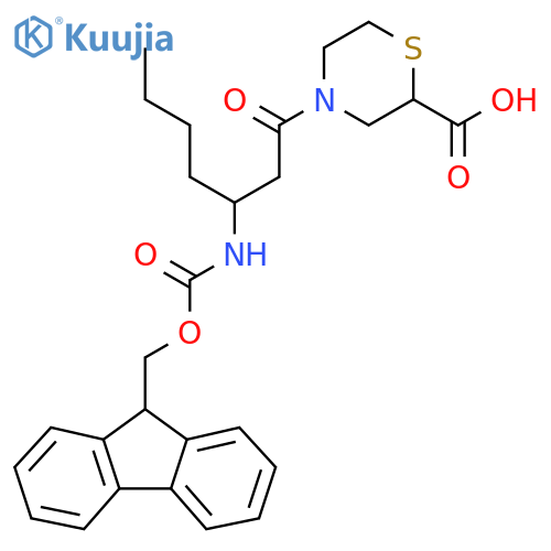 4-3-({(9H-fluoren-9-yl)methoxycarbonyl}amino)heptanoylthiomorpholine-2-carboxylic acid structure