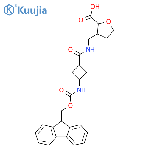 3-({3-({(9H-fluoren-9-yl)methoxycarbonyl}amino)cyclobutylformamido}methyl)oxolane-2-carboxylic acid structure
