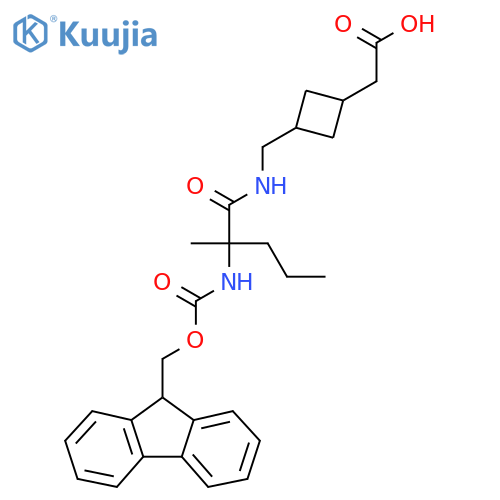 2-(3-{2-({(9H-fluoren-9-yl)methoxycarbonyl}amino)-2-methylpentanamidomethyl}cyclobutyl)acetic acid structure