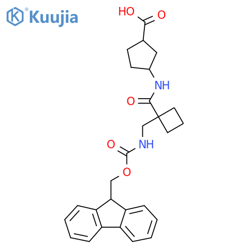 3-{1-({(9H-fluoren-9-yl)methoxycarbonyl}amino)methylcyclobutaneamido}cyclopentane-1-carboxylic acid structure