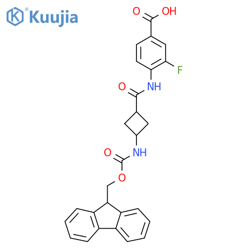 4-3-({(9H-fluoren-9-yl)methoxycarbonyl}amino)cyclobutaneamido-3-fluorobenzoic acid structure