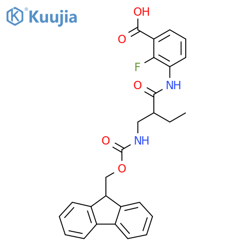 3-{2-({(9H-fluoren-9-yl)methoxycarbonyl}amino)methylbutanamido}-2-fluorobenzoic acid structure