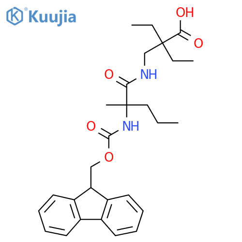 2-ethyl-2-{2-({(9H-fluoren-9-yl)methoxycarbonyl}amino)-2-methylpentanamidomethyl}butanoic acid structure