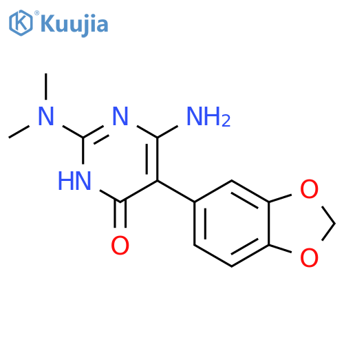 6-amino-5-(1,3-dioxaindan-5-yl)-2-(dimethylamino)-3,4-dihydropyrimidin-4-one structure