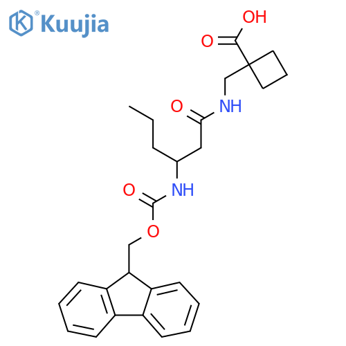 1-{3-({(9H-fluoren-9-yl)methoxycarbonyl}amino)hexanamidomethyl}cyclobutane-1-carboxylic acid structure